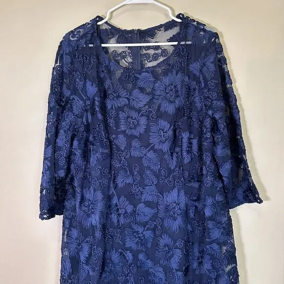 alex evenings women's tea length embroidered dress illusion sleeves Boat-Neck Tea-Length Embroidered Mesh Cocktail Dress with Godet Skirt  Petite Alex Evenings 82171782 main image 0